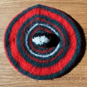 Vintage Robert Mackie of Scotland Felted Wool Beret Red Green Stripe Pom Pom